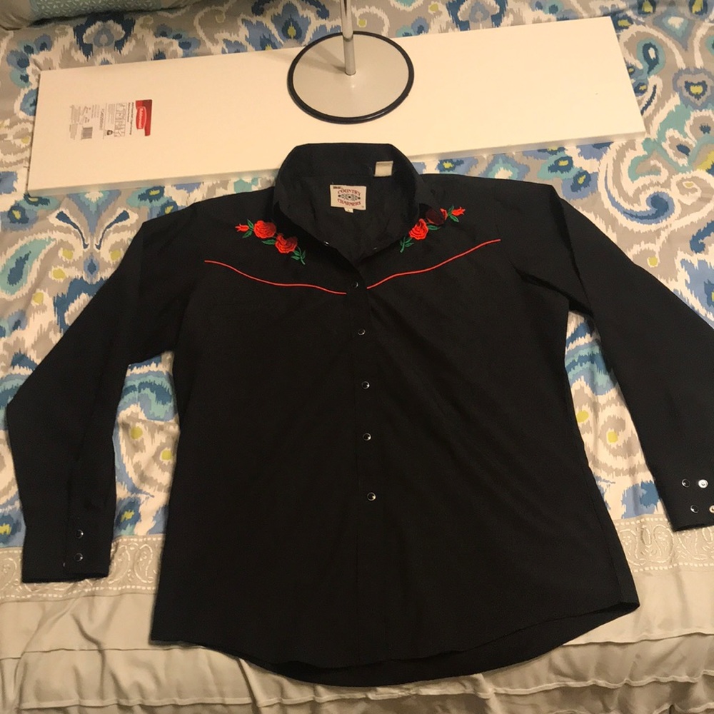 Country Charmers Red Rose Embroider Shirt L Black